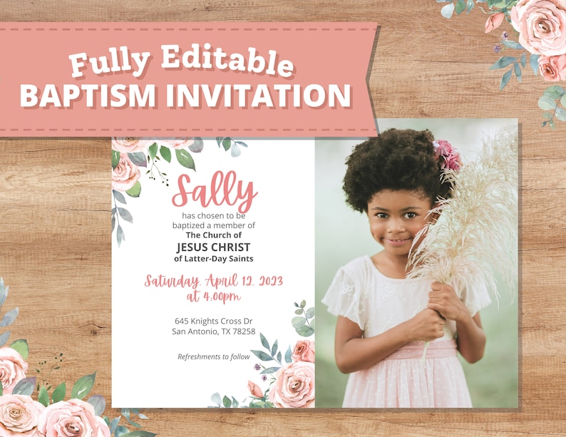 Baptism Announcement Girl LDS Blush Pink Baptism Invitation Etsy