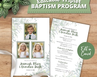 May include: A printable baptism programme template with a green watercolour background and a floral design. The programme includes the names "Jeremigh Olivia & Emmeline Smith" and the date "October 22, 2026".