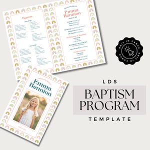 Może przedstawiać: Szablon programu chrztu z fotografią małej dziewczynki, imieniem "Emma Bennion" i tekstem "LDS Baptism Program Template". Projekt zawiera akcenty tęczy i pastelowych kolorów.