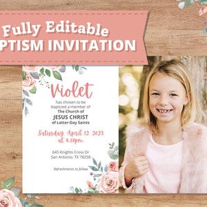 Pink Rose LDS Baptism Invitation - Girl | Instant Download | Customizable | Watercolor Floral | Editable 5x7 | Church of Jesus Christ