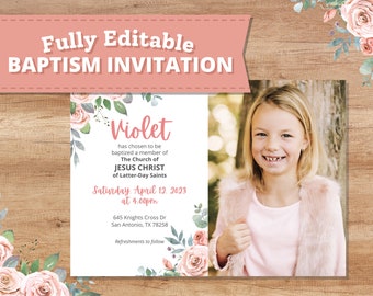 Pink Rose LDS Baptism Invitation - Girl | Instant Download | Customizable | Watercolor Floral | Editable 5x7 | Church of Jesus Christ