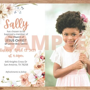 LDS Baptism Invitation Girl Instant Download Vintage Boho Peach Watercolor Floral Editable 5x7 Canva Template Church of Jesus Christ image 5