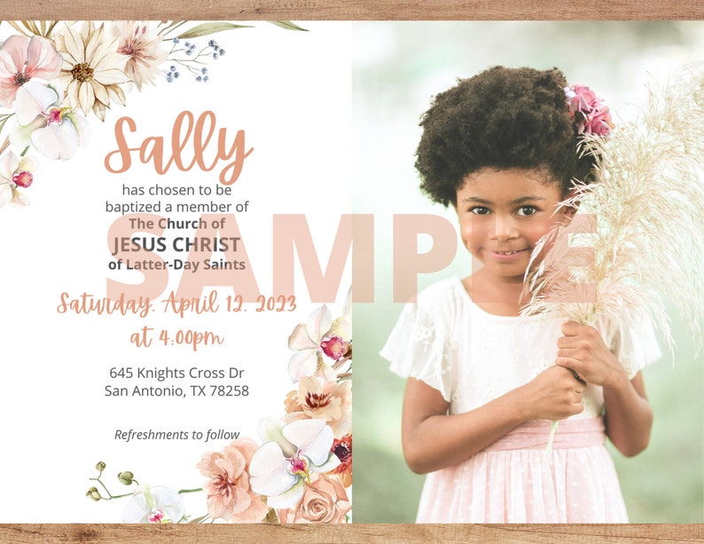 LDS Baptism Invitation Girl Instant Download Vintage Boho Peach Watercolor Floral Editable 5x7 Canva Template Church of Jesus Christ image 5