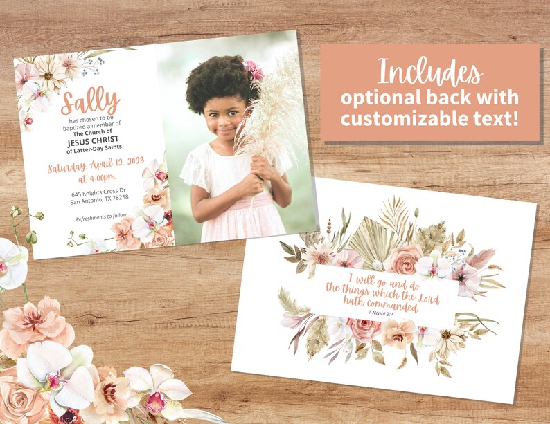 LDS Baptism Invitation Girl Instant Download Vintage Boho Peach Watercolor Floral Editable 5x7 Canva Template Church of Jesus Christ image 3