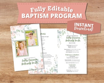 Dual Baptism Program LDS Girls | Double Joint Baptism Printable Program | Two Kids | Pink Rose Floral | Mormon | Church of Jesus Christ