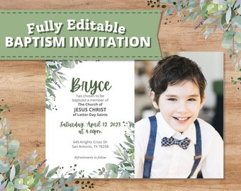 Green LDS Baptism Invitation - Boy or Girl | Customizable Download | Watercolor Leaves and Greenery | 5x7 | Church of Jesus Christ
