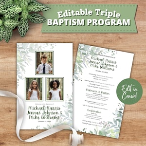 Puede incluir: Plantilla de programa de bautismo triple editable con un fondo verde de hojas. El programa incluye los nombres Michael Harris, Jennae Johnson y Mika Williams, y la fecha 22 de octubre de 2026. El programa también incluye una lista de eventos, que incluyen la canción de apertura, la oración de apertura, la charla sobre el bautismo, la ordenanza del bautismo, el número musical, la charla sobre el Espíritu Santo y la confirmación.