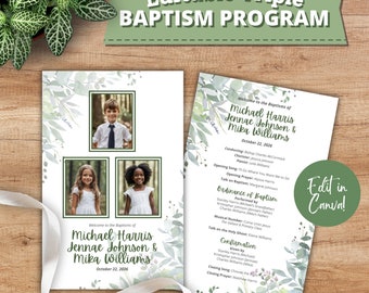 May include: Editable triple baptism programme template with a green leafy background. The programme includes the names Michael Harris, Jennae Johnson, and Mika Williams, and the date October 22, 2026. The programme also includes a list of events, including the opening song, opening prayer, talk on baptism, ordinance of baptism, musical number, talk on the Holy Ghost, and confirmation.
