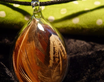 One Hand Blown Glass Pendant with Feathers Inside - Hand Sculpted by Jenn Goodale