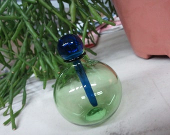 Transparent Green Glass Perfume Bottle with Blue Stopper Hand Blown by Jenn Goodale