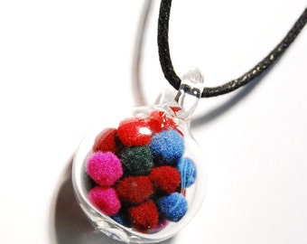 One Hand Blown Glass Pendant with Pom Poms Inside - Hand Sculpted by Jenn Goodale