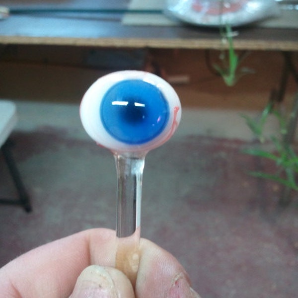 One Blue Colored Glass Eyeball Plant Stick Sculpted by Jenn Goodale