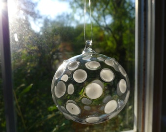 Medium White and Clear Dotted Hand Blown Ornament Hand Sculpted by Jenn Goodale