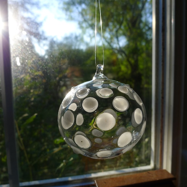 Medium White and Clear Dotted Hand Blown Ornament Hand Sculpted by Jenn Goodale