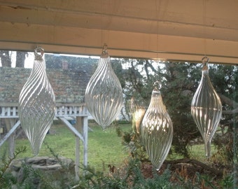 Set of Clear Ribbed Glass Blown Ornaments Hand Sculpted by Jenn Goodale