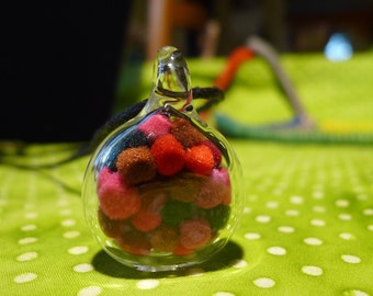 One Hand Blown Glass Pendant with Pom Poms Inside - Hand Sculpted by Jenn Goodale