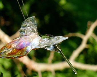 Amber Purple Hand Sculpted Flameworked Hanging Glass Hummingbird by Jenn Goodale