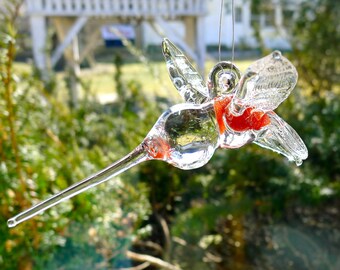 Hand Sculpted Flameworked Hanging Glass Hummingbird by Jenn Goodale