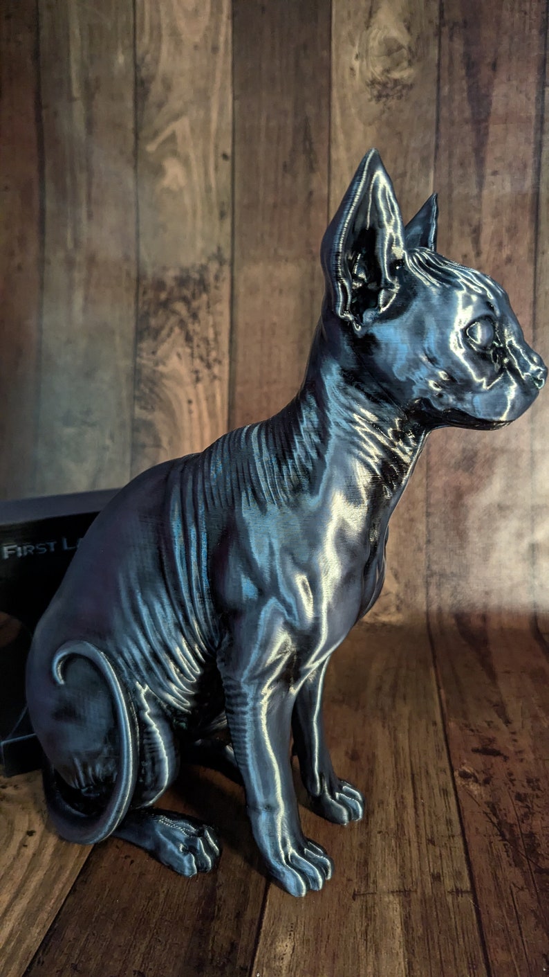 Op de afbeelding: Een zwart, 3D-geprint beeld van een haarloze kat die zit met zijn hoofd naar de zijkant gedraaid. Het beeld heeft een glanzende, metalen afwerking.