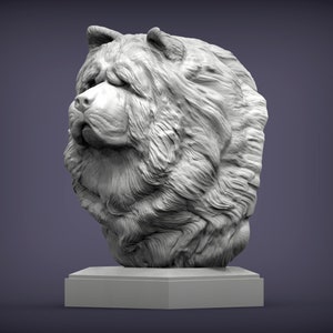 May include: A white ceramic sculpture of a Chow Chow dog's head. The sculpture is detailed with fur and facial features. The dog's head is tilted to the side, and its eyes are closed. The sculpture is sitting on a white pedestal.