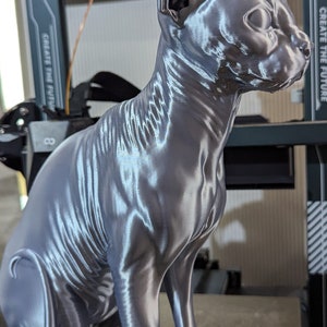 Op de afbeelding: Een 3D-geprint, zilverkleurig, haarloos kattenbeeldje. De kat zit met zijn staart om zijn poten gewikkeld. Het beeldje staat op een zwart oppervlak met de tekst "Create the Future" erop.
