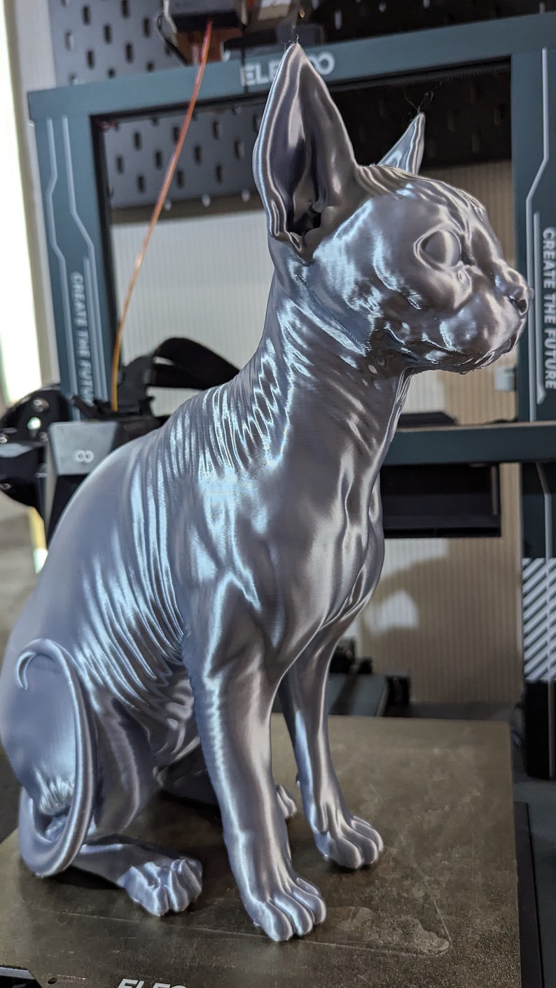 Op de afbeelding: Een 3D-geprint, zilverkleurig, haarloos kattenbeeldje. De kat zit met zijn staart om zijn poten gewikkeld. Het beeldje staat op een zwart oppervlak met de tekst "Create the Future" erop.