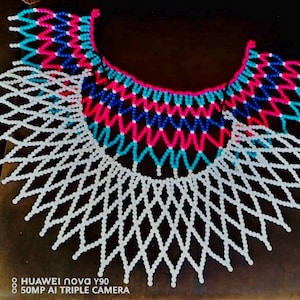 Two Piece Maasai Beaded Necklace | Plain White Beaded Necklace, Polycolored Handcrafted Necklace
