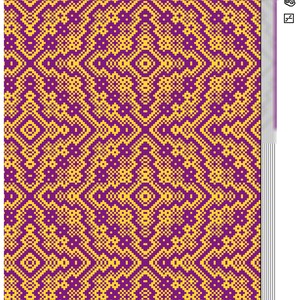May include: A weaving pattern design called "Modified Bethlehem Star" with a yellow and purple colour scheme. The design is made up of 7 shafts and 7 treadles, with 118 warps and 68 wefts.
