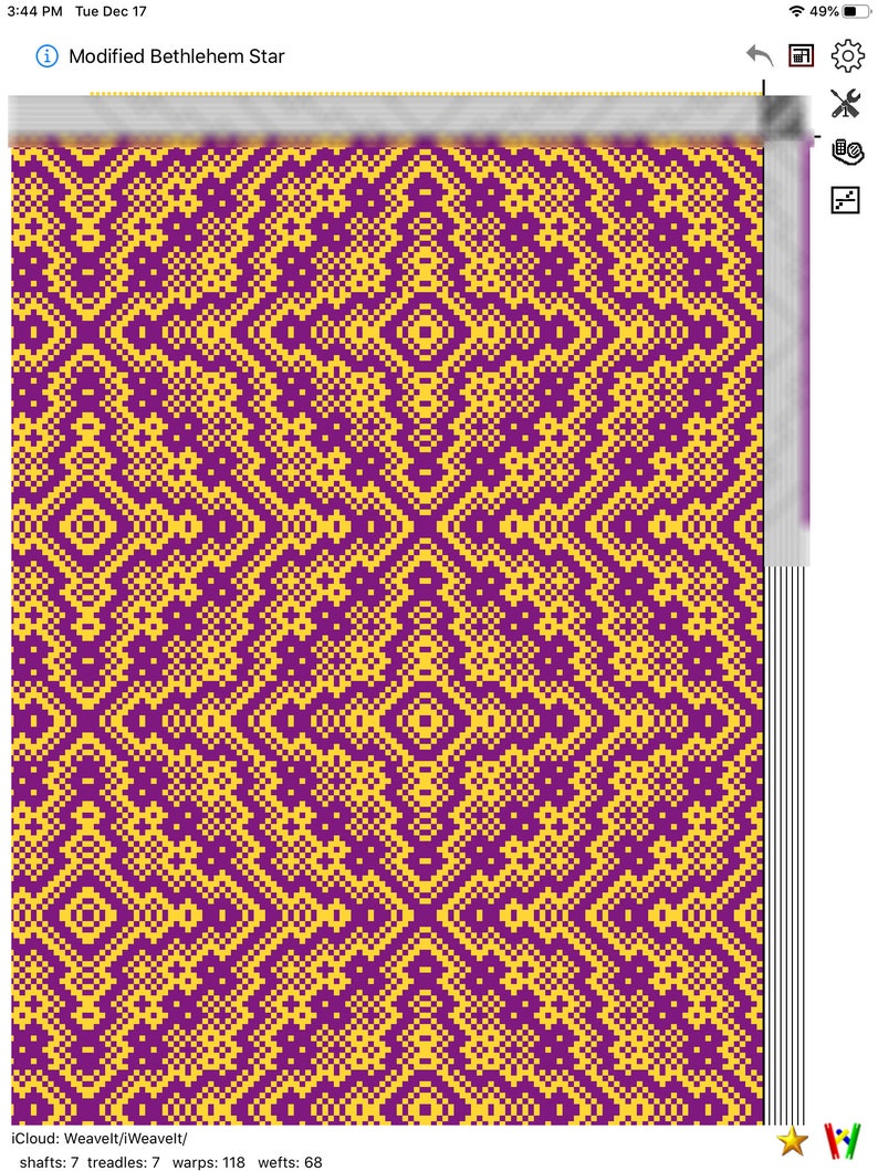 May include: A weaving pattern design called "Modified Bethlehem Star" with a yellow and purple colour scheme. The design is made up of 7 shafts and 7 treadles, with 118 warps and 68 wefts.