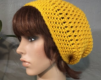 Longer Slouch Beanie in Mustard Yellow, acrylic, washable, light weight