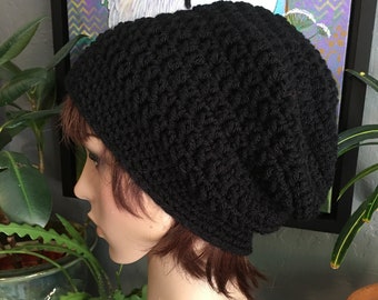 Crochet Long Slouch Beanie Hat in Jet Black