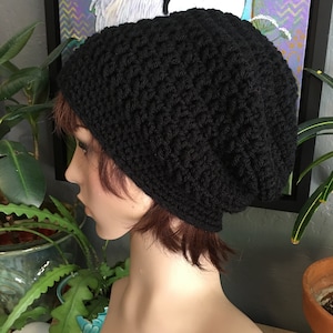 Crochet Long Slouch Beanie Hat in Jet Black