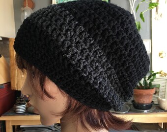 Crochet Long Slouch Beanie Hat in Jet Black and Dark Charcoal Band