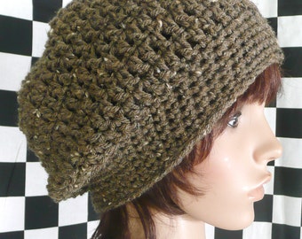 Shorter Slouchy Beanie in Brown Barley Tweed