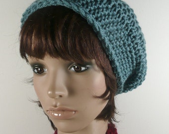 Shorter Slouchy Beanie in ANTIQUE BLUE - Crocheted Slouchy