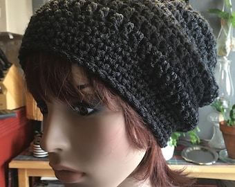Crochet Long Slouch Beanie Hat in Dark Charcoal Grey with Black Band