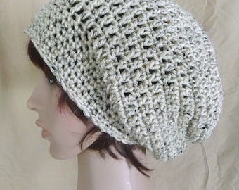 Long Slouch Beanie in Oatmeal, Beige Tweed