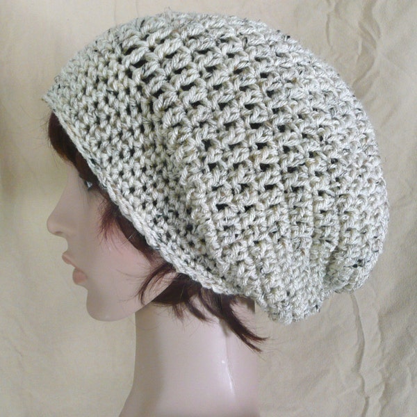 Long Slouch Beanie in Oatmeal, Beige Tweed