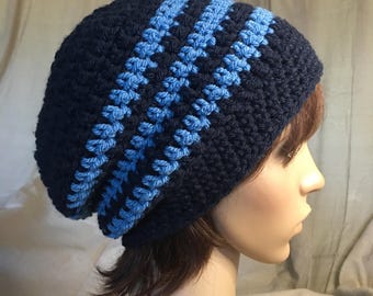 Crochet Slouch Beanie: Dark Navy Blue with Sky Blue Stripes