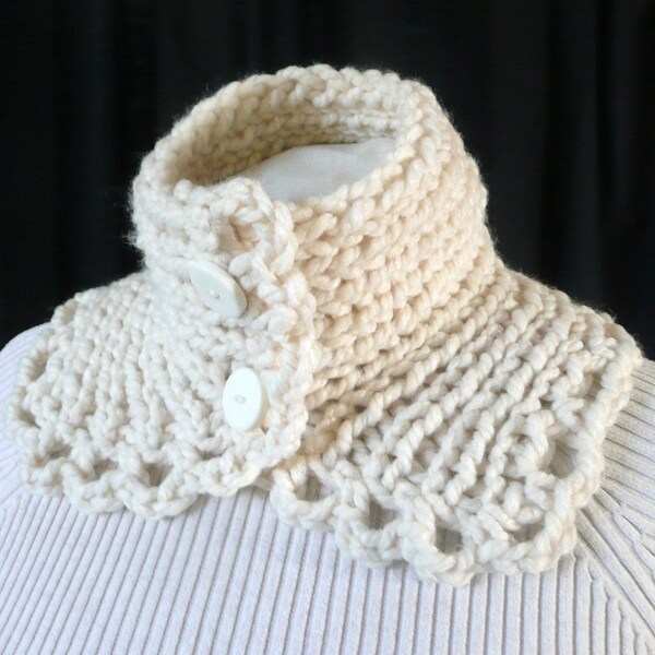 Knitted Neckwarmer in Fisherman White with Button Closure, Chunky Yarn