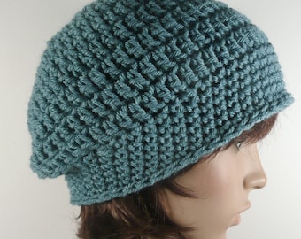 Shorter Slouchy Beanie in ANTIQUE BLUE - Crocheted Slouchy