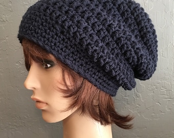 Long Slouchy Beanie in Darkest Navy Blue