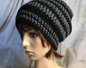Longer Slouchy Crochet Beanie: black and charcoal gray stripes