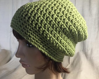 Long Slouchy Beanie in Sage Green. Crochet hat.
