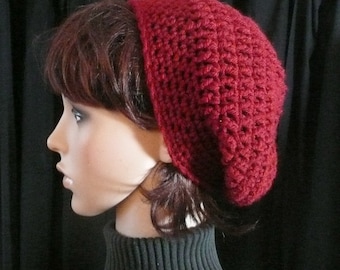 Slouchy Beanie in Cranberry Red - Crocheted Hat