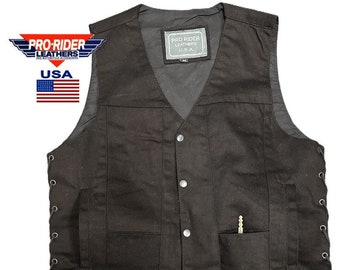 Gilet de moto club en denim noir Pro USA pour hommes, neuf poches, transport dissimulé, poches pour téléphone portable et utilitaires, côtés lacés à panneau unique au dos