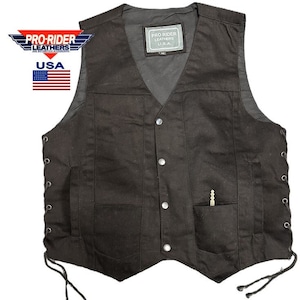Pro USA Men&#39;s Black Denim Motorcycle Club Vest nine Pockets, concealed carry, cell phone and utility pockets, Laced Sides Single panel back
