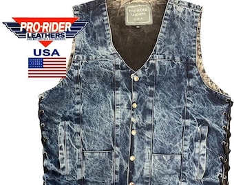 Stone Washed Blue Denim Motorcycle Vest, Concealed Carry Pockets