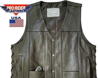 Pro USA Men Motorcycle 9 pockets Leather Biker Vest Laced sides, Single Panel back, concealed carry and utility pockets.