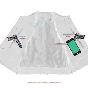 May include: White leather vest with multiple pockets, including a concealed carry pocket, a media pocket, and a hidden outside concealed carry pocket. The vest has a size extender zipper. "This illustration is for feature purposes only. Actual garment may vary."